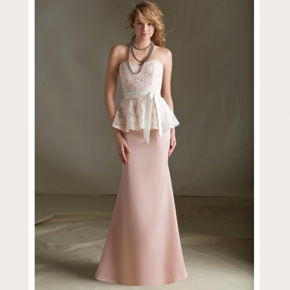 MORI LEE blush lace peplum strapless bridesmaid gown - Picture 1 of 14